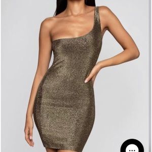 MESHKI - one shoulder gold dress